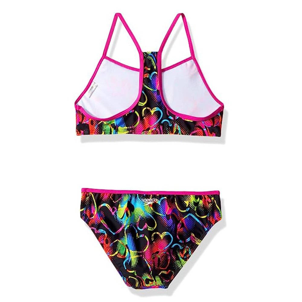 Speedo Girl's Sporty Splice Tankini 2 Piece Swimsuit, Black Pink Neon Hearts - Picture 2 of 2